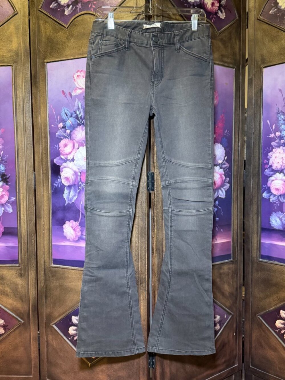 Free People Black Faded Moto Flare Jeans Size 27 Button Hem Low Rise